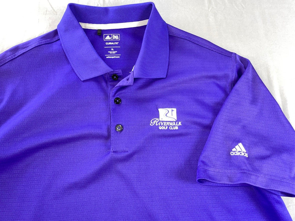 Adidas ClimaLite Polo Shirt. Riverwalk Golf Club. Purple Check, Size XL. EUC!